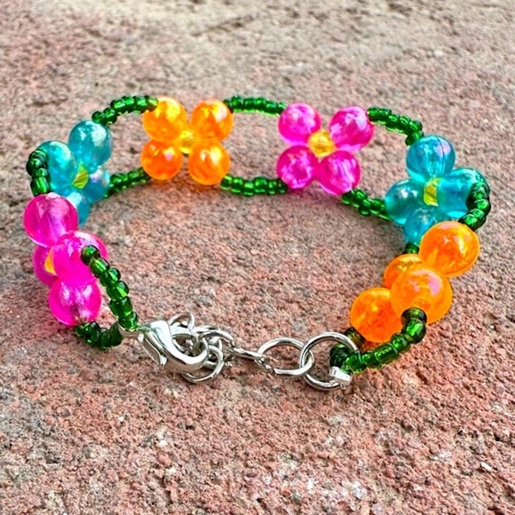 Neon Iridescent Orange, Blue, and Pink Floral Bracelet with Silver Accents - Picture 2 of 2